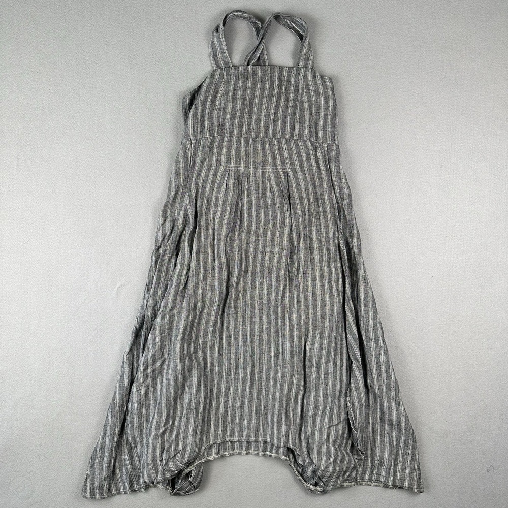 Banana Blue Midi Dress Women's Small Gray Striped Linen Handkerchief Hem Flowy